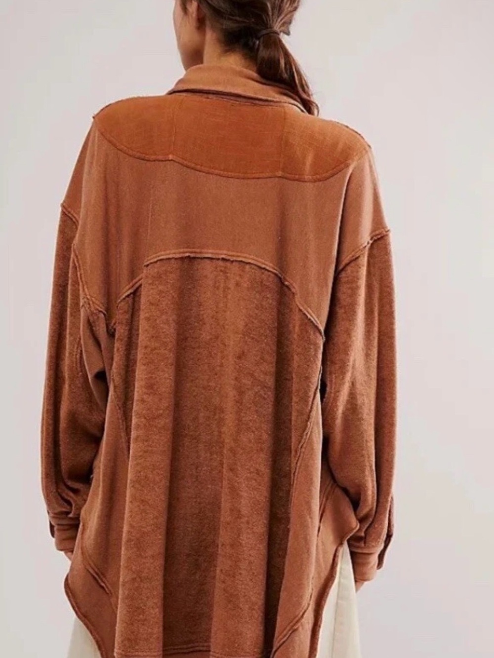 Free People Sweatshirt Hi Lo Slouchy Button Pockets Burnt Sienna Brow - Picture 2 of 10